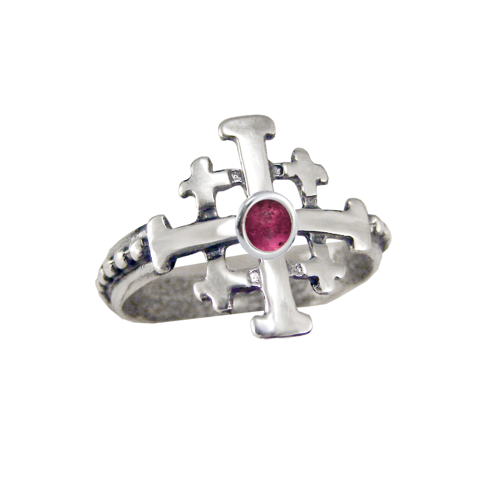 Sterling Silver Jerusalem Cross Ring With Pink Tourmaline Size 8
